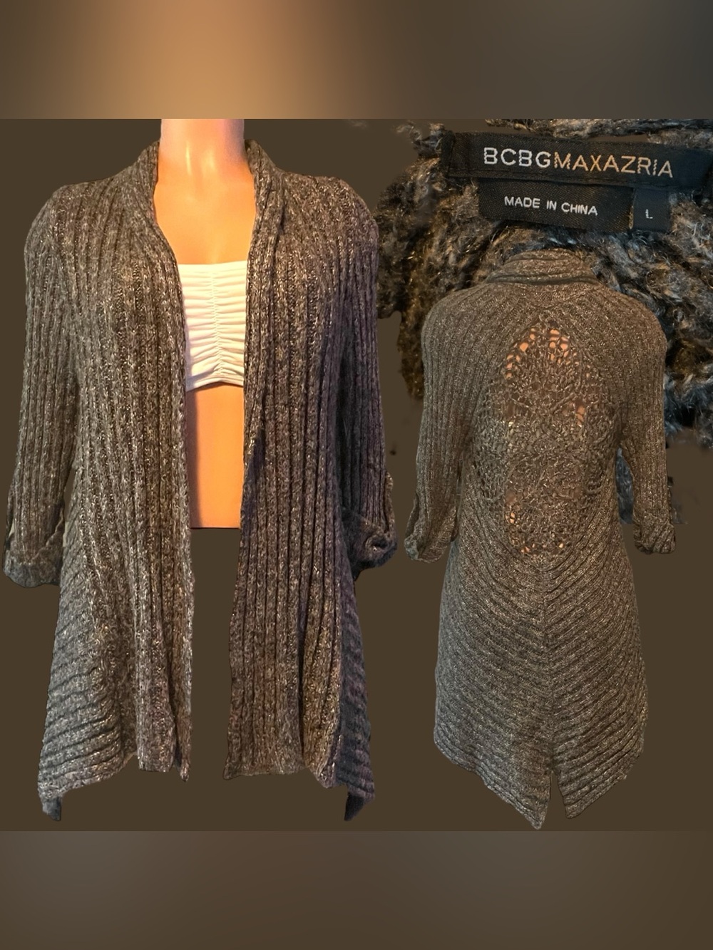 BCBGMAXAZRIA Silver Knit Open Cardigan Large Lace Crochet Cutout Back Sweater